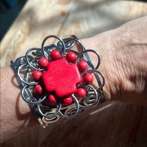 Cuff bracelet with red coral cross E